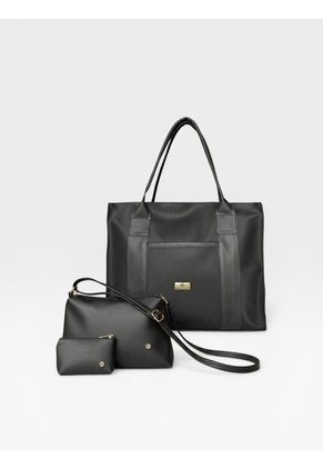 Combo De Tres Piezas Bolso Shopper Laura + Manos Libres Lara Y Monedero Karla Chacon Negro