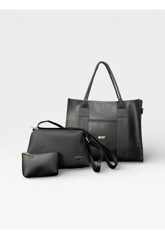 Combo De Tres Piezas Bolso Shopper Laura + Manos Libres Cuba Y Monedero Karla Chacon Negro KARLA CHACON
