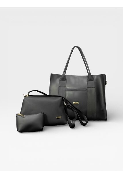 Combo De Tres Piezas Bolso Shopper Laura + Manos Libres Cuba Y Monedero Karla Chacon Negro