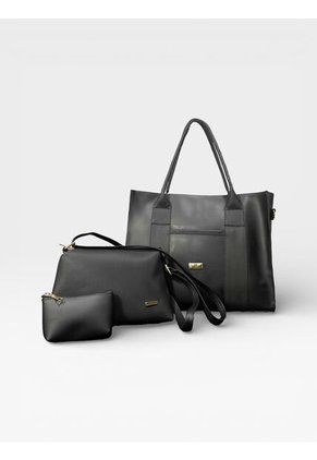 Combo De Tres Piezas Bolso Shopper Laura + Manos Libres Cuba Y Monedero Karla Chacon Negro