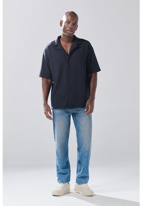 KOAJ Camisa Cuello Resort Azul Oscura Con Texturas Sutiles