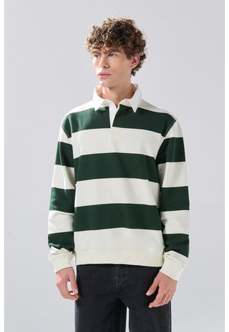 KOAJ Buzo Crema Claro Oversize Con Rayas Verdes Y Cuello Polo Koaj