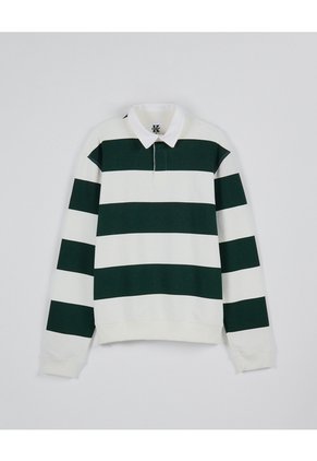 KOAJ Buzo Crema Claro Oversize Con Rayas Verdes Y Cuello Polo