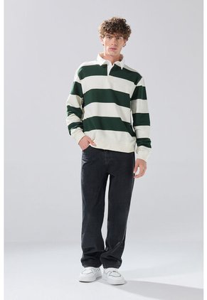 KOAJ Buzo Crema Claro Oversize Con Rayas Verdes Y Cuello Polo