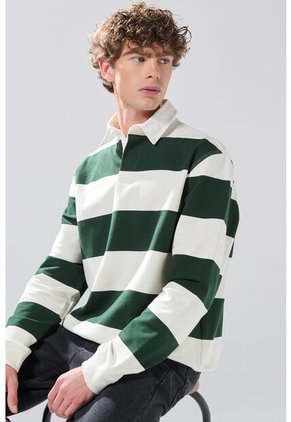 KOAJ Buzo Crema Claro Oversize Con Rayas Verdes Y Cuello Polo