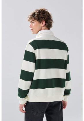 KOAJ Buzo Crema Claro Oversize Con Rayas Verdes Y Cuello Polo