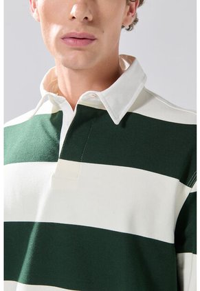 KOAJ Buzo Crema Claro Oversize Con Rayas Verdes Y Cuello Polo