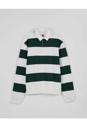 KOAJ Buzo Crema Claro Oversize Con Rayas Verdes Y Cuello Polo