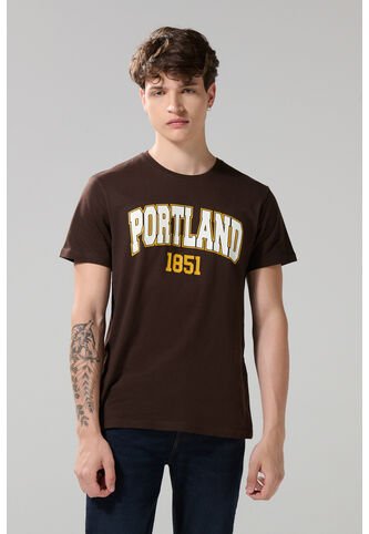 KOAJ Camiseta Café Oscura Con Manga Corta Y Estampado College Koaj