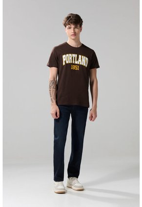 KOAJ Camiseta Café Oscura Con Manga Corta Y Estampado College