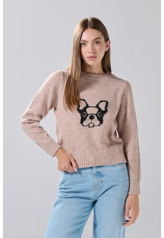 KOAJ Suéter Cuello Redondo Kaki Con Diseño De Perrito Koaj