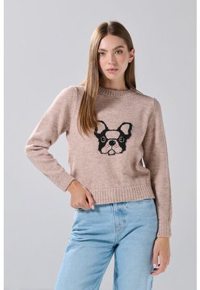 KOAJ Suéter Cuello Redondo Kaki Con Diseño De Perrito