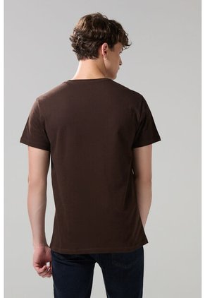 KOAJ Camiseta Café Oscura Con Manga Corta Y Estampado College