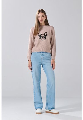 KOAJ Suéter Cuello Redondo Kaki Con Diseño De Perrito