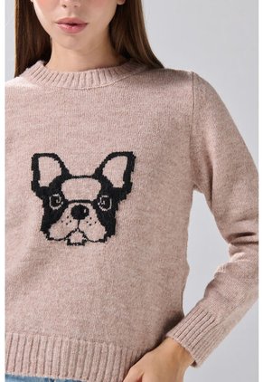 KOAJ Suéter Cuello Redondo Kaki Con Diseño De Perrito