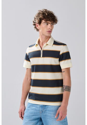 KOAJ Camiseta Polo Kaki Clara Con Manga Corta Y Rayas Azules Koaj