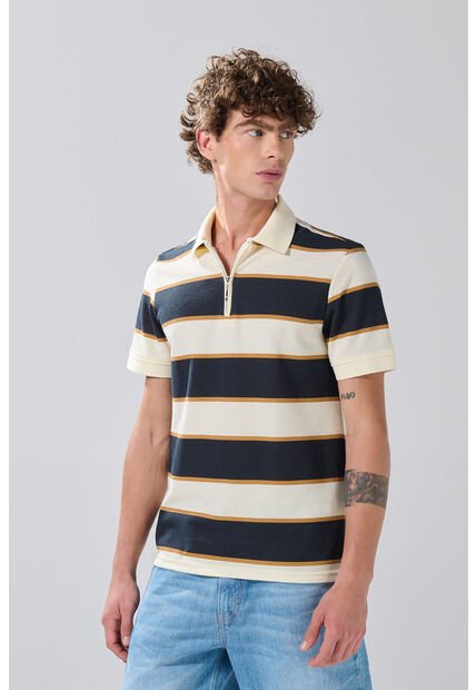 KOAJ Camiseta Polo Kaki Clara Con Manga Corta Y Rayas Azules