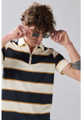 KOAJ Camiseta Polo Kaki Clara Con Manga Corta Y Rayas Azules