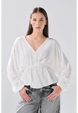 KOAJ Blusa Crema Clara Con Escote En V, Recogido Y Manga Larga Koaj