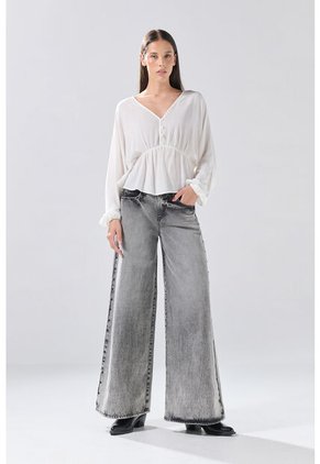 KOAJ Blusa Crema Clara Con Escote En V, Recogido Y Manga Larga