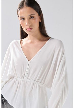 KOAJ Blusa Crema Clara Con Escote En V, Recogido Y Manga Larga