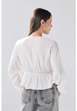 KOAJ Blusa Crema Clara Con Escote En V, Recogido Y Manga Larga