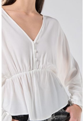 KOAJ Blusa Crema Clara Con Escote En V, Recogido Y Manga Larga