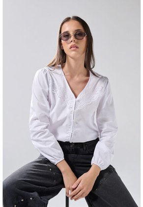 KOAJ Blusa Crema  Manga Larga, Con Encaje Y Botones