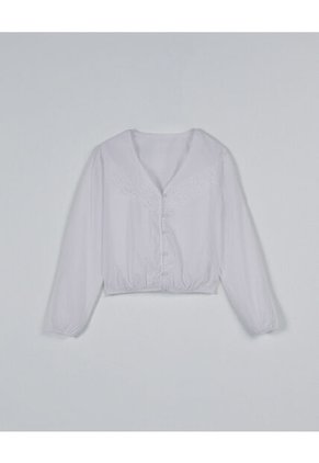 KOAJ Blusa Crema  Manga Larga, Con Encaje Y Botones