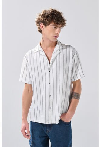 KOAJ Camisa Manga Corta Blanca A Rayas Con Cuello Resort Koaj