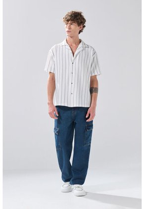 KOAJ Camisa Manga Corta Blanca A Rayas Con Cuello Resort