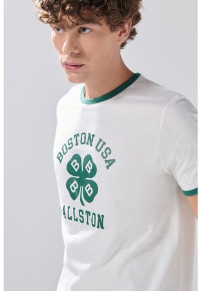 KOAJ Camiseta Crema College Manga Corta Con Contrastes Verdes