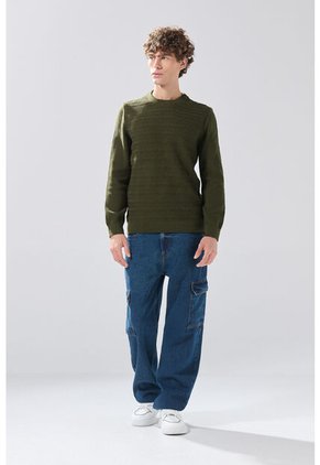 KOAJ Suéter Tejido Verde Cuello Redondo Con Texturas De Rayas