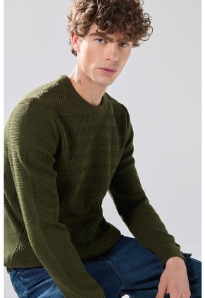 KOAJ Suéter Tejido Verde Cuello Redondo Con Texturas De Rayas