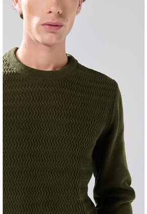 KOAJ Suéter Tejido Verde Cuello Redondo Con Texturas De Rayas