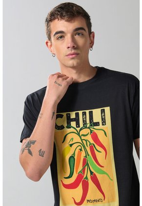 KOAJ Camiseta Cuello Redondo Negra Con Diseño De Comida