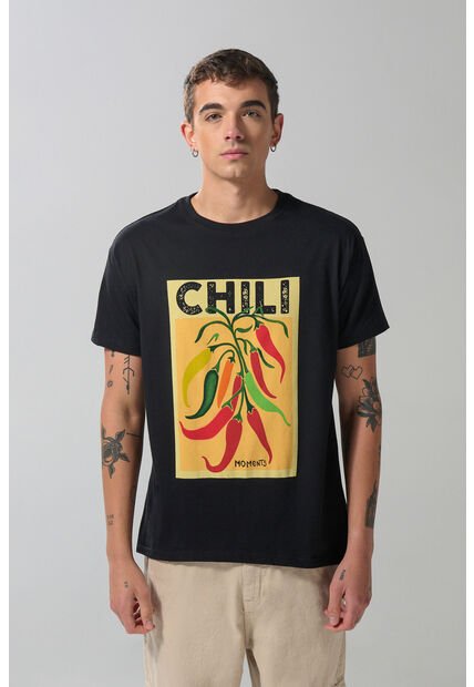 KOAJ Camiseta Cuello Redondo Negra Con Diseño De Comida