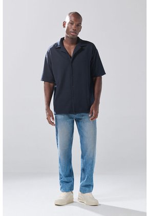KOAJ Camisa Cuello Resort Azul Oscura Con Texturas Sutiles