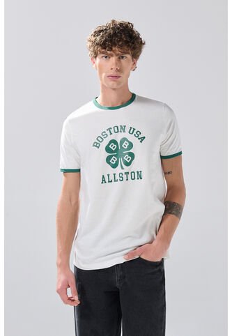 KOAJ Camiseta Crema College Manga Corta Con Contrastes Verdes Koaj