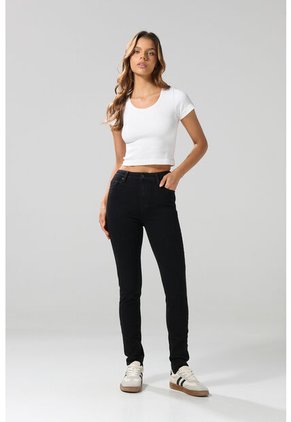 KOAJ Jean Mom Negro Con Bota Recta, Tiro Súper Alto Y Bolsillos