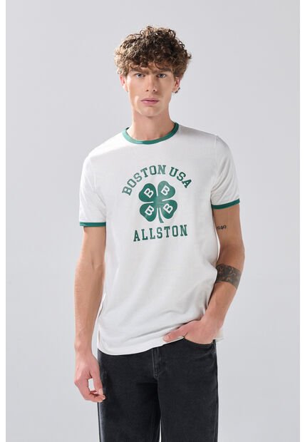 KOAJ Camiseta Crema College Manga Corta Con Contrastes Verdes