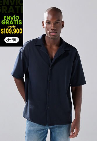 KOAJ Camisa Cuello Resort Azul Oscura Con Texturas Sutiles Koaj