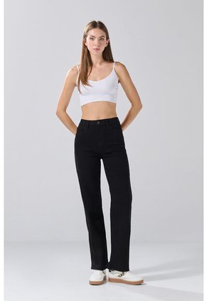 KOAJ Jean Straight Leg Bota Recta Con Tiro Alto Negro Y Bolsillos
