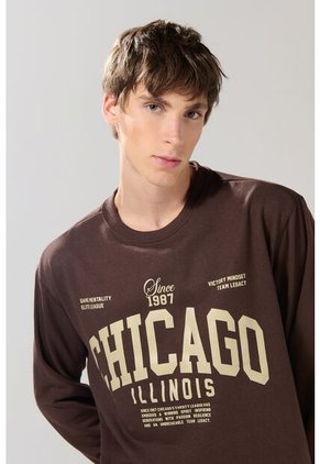 KOAJ Buzo Cuello Redondo Café Oscuro Con Estampado College