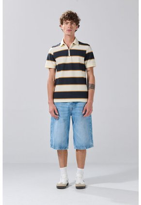 KOAJ Camiseta Polo Kaki Clara Con Manga Corta Y Rayas Azules