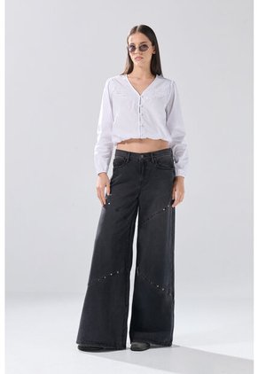 KOAJ Blusa Crema  Manga Larga, Con Encaje Y Botones
