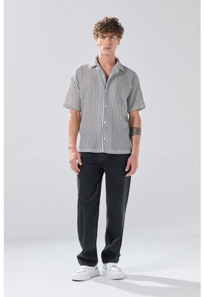 KOAJ Camisa Cuello Resort Blanca Con Rayas Negras Y Botones