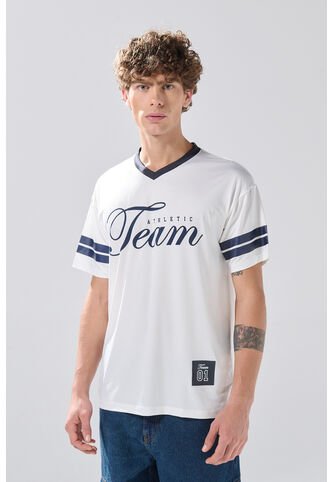 KOAJ Camiseta Cuello V Crema Clara Con Diseño College Koaj