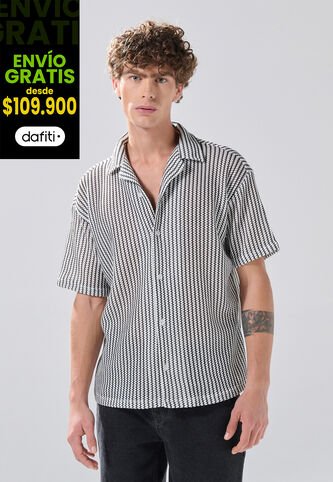 KOAJ Camisa Cuello Resort Blanca Con Rayas Negras Y Botones Koaj