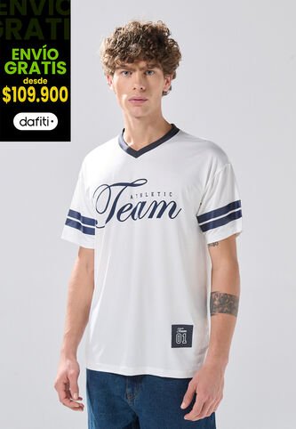 KOAJ Camiseta Cuello V Crema Clara Con Diseño College Koaj